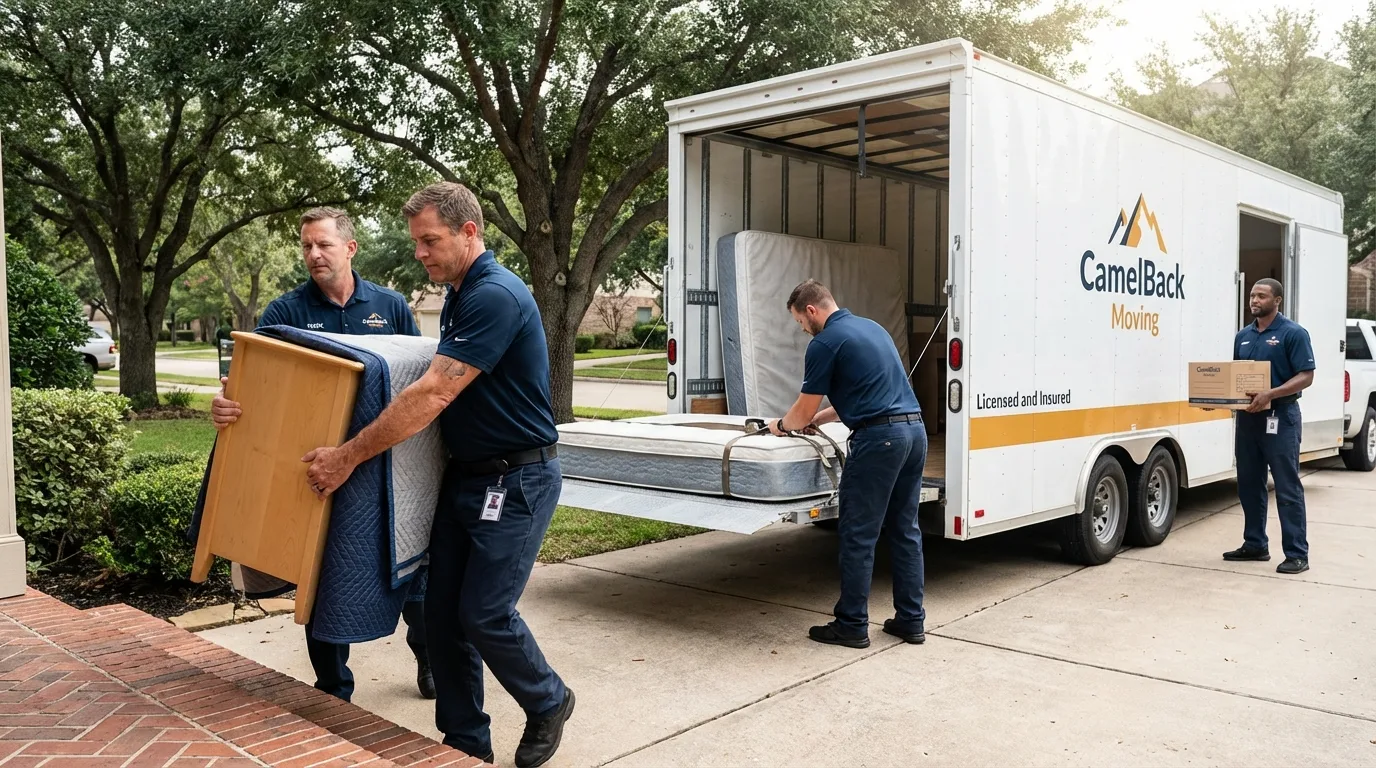 Crew loading residential truck for cross-state move from Bay City, OR