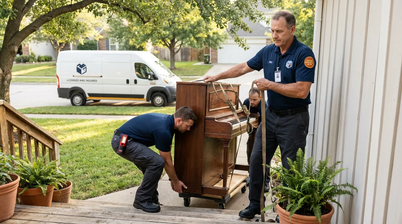 Licensed piano movers securing grand piano in Bay City, OR