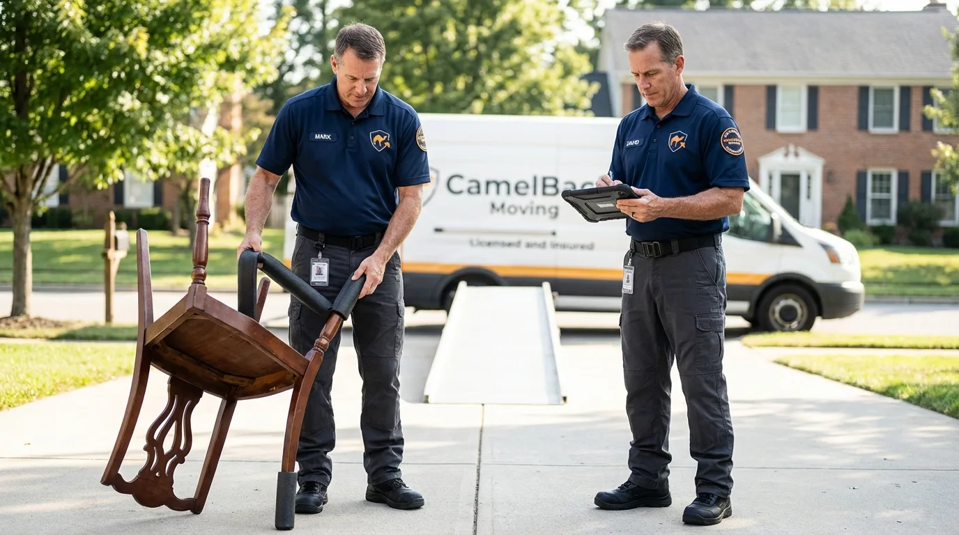 Movers inspecting furniture for damage prevention before loading in Bay City, OR