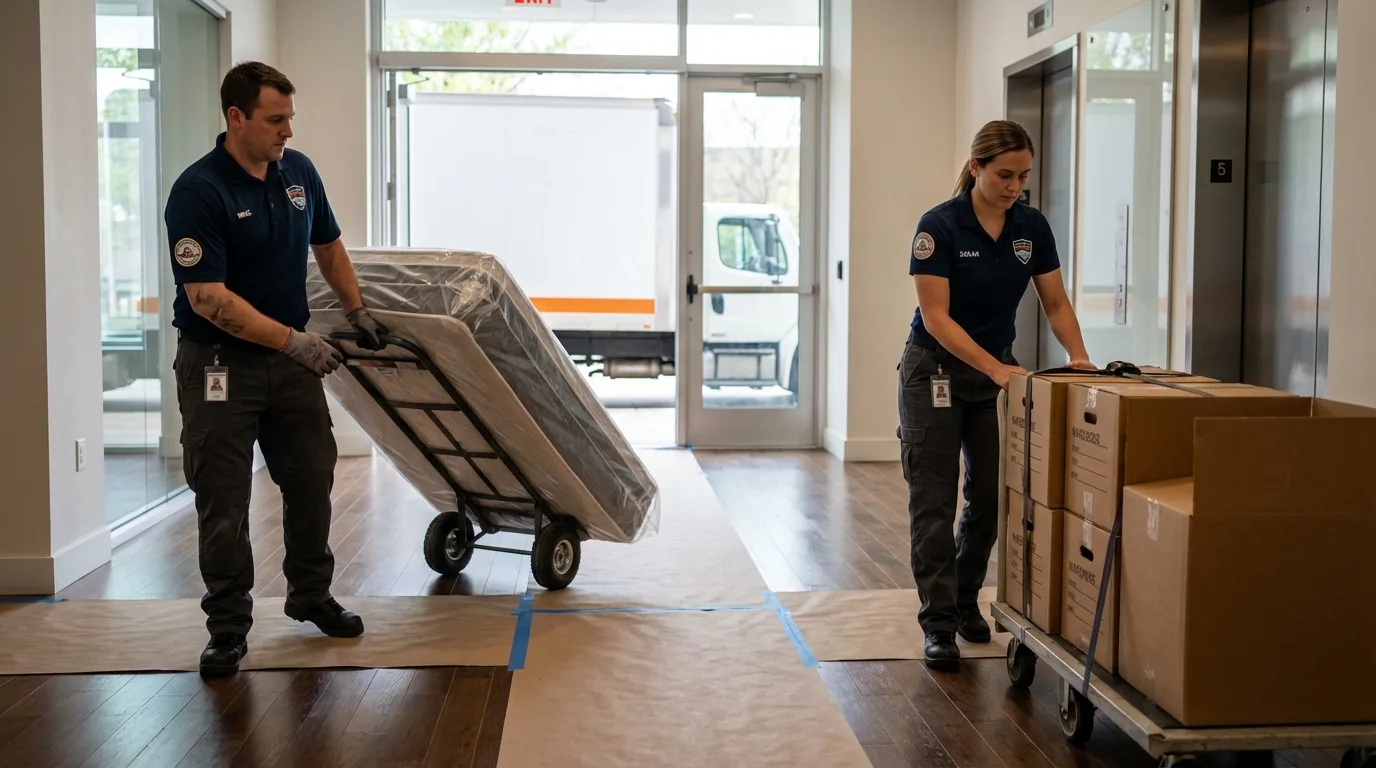Professional apartment movers loading elevator in Bay City, OR